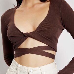 NWT Meshki ARZU
Wrap Long Sleeve Crop in Chocolate